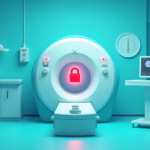 Medical imaging room with MRI scanner and red lock icon data breach concept
