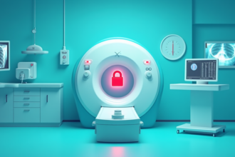 Medical imaging room with MRI scanner and red lock icon data breach concept
