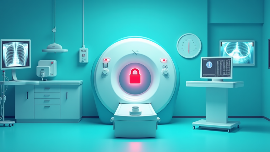 Medical imaging room with MRI scanner and red lock icon data breach concept