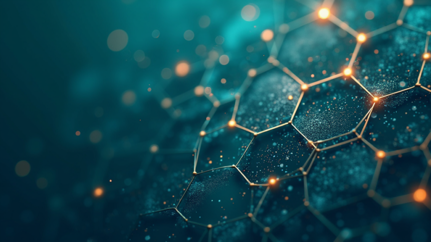 Abstract geometric illustration of fragmented hexagonal network in teal and amber, representing compromised healthcare data systems