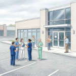 Medical office park with closed facilities and healthcare staff gathered in parking lot