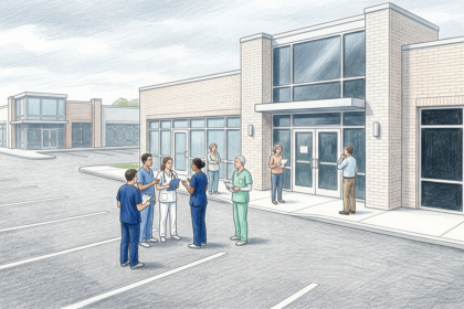 Medical office park with closed facilities and healthcare staff gathered in parking lot