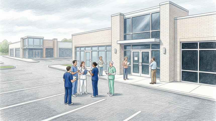 Medical office park with closed facilities and healthcare staff gathered in parking lot