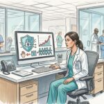 Hospital employee workstation with security warning