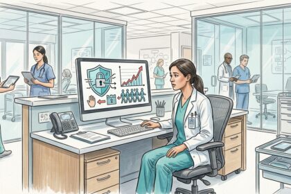 Hospital employee workstation with security warning