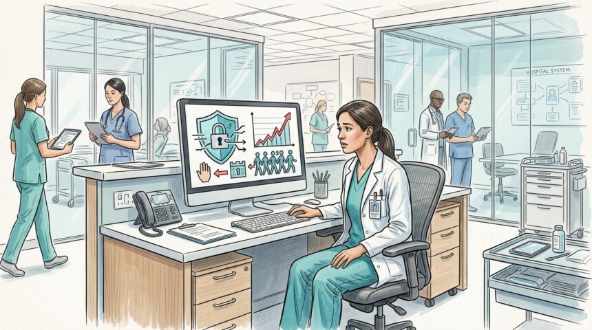 Hospital employee workstation with security warning
