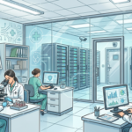 Medical pathology lab with patient records and servers