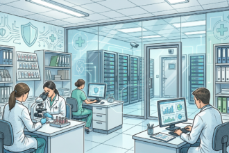 Medical pathology lab with patient records and servers
