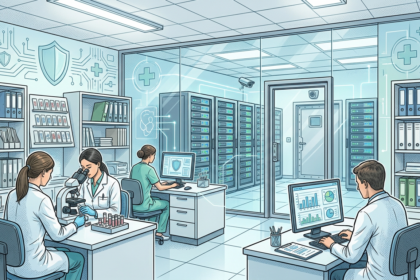Medical pathology lab with patient records and servers