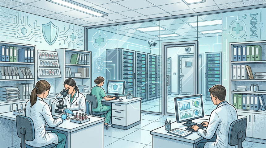 Medical pathology lab with patient records and servers
