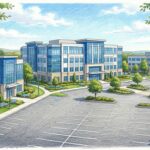 Modern medical office park campus with multiple clinical buildings