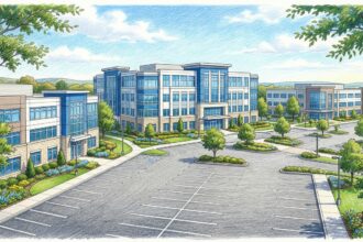 Modern medical office park campus with multiple clinical buildings