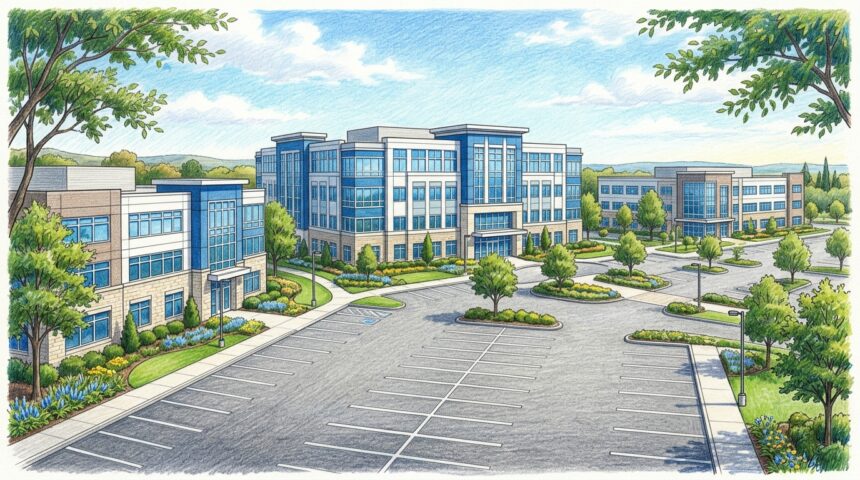 Modern medical office park campus with multiple clinical buildings