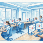 Hand-drawn illustration of hospital IT security operations center monitoring ransomware alerts