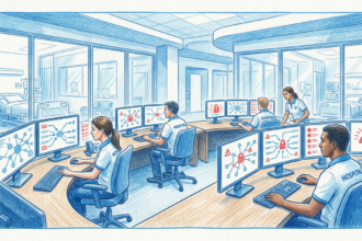 Hand-drawn illustration of hospital IT security operations center monitoring ransomware alerts