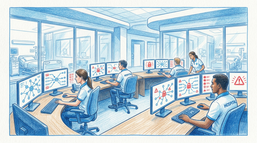 Hand-drawn illustration of hospital IT security operations center monitoring ransomware alerts