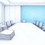 Bright pharmaceutical company conference room with stacks of documents