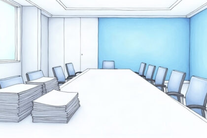 Bright pharmaceutical company conference room with stacks of documents