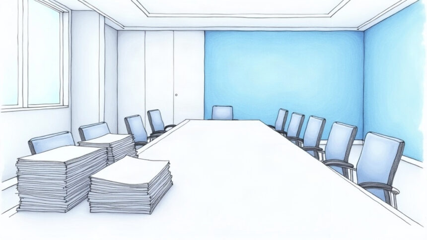 Bright pharmaceutical company conference room with stacks of documents