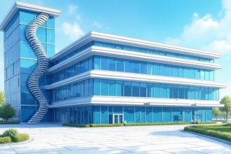 Modern genomics research building with double helix glass panels