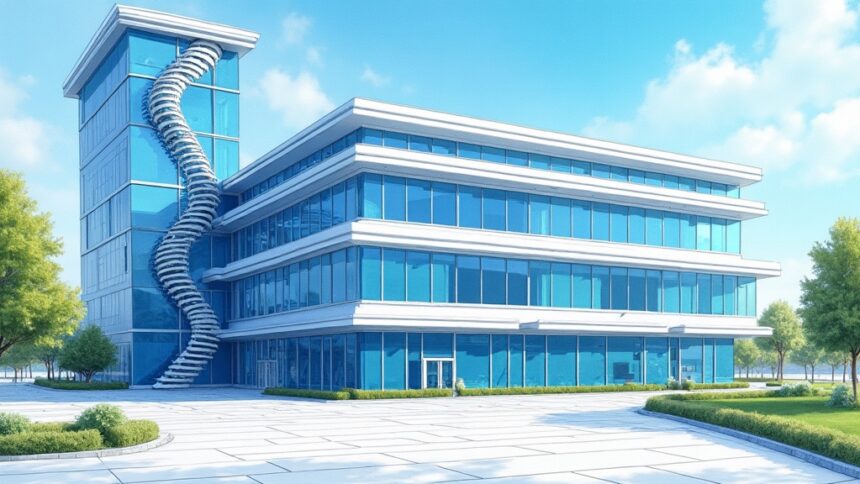 Modern genomics research building with double helix glass panels