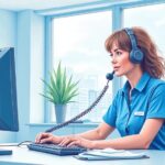 Healthcare call center worker on a desk phone