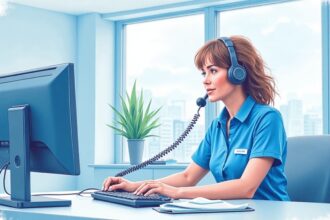 Healthcare call center worker on a desk phone