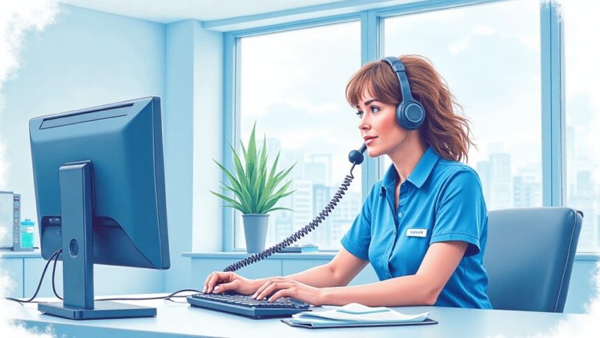 Healthcare call center worker on a desk phone
