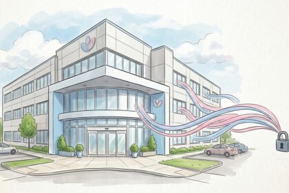 Hand-drawn illustration of a fertility clinic with data ribbons flowing toward a padlock, representing the MIM Fertility extortion threat