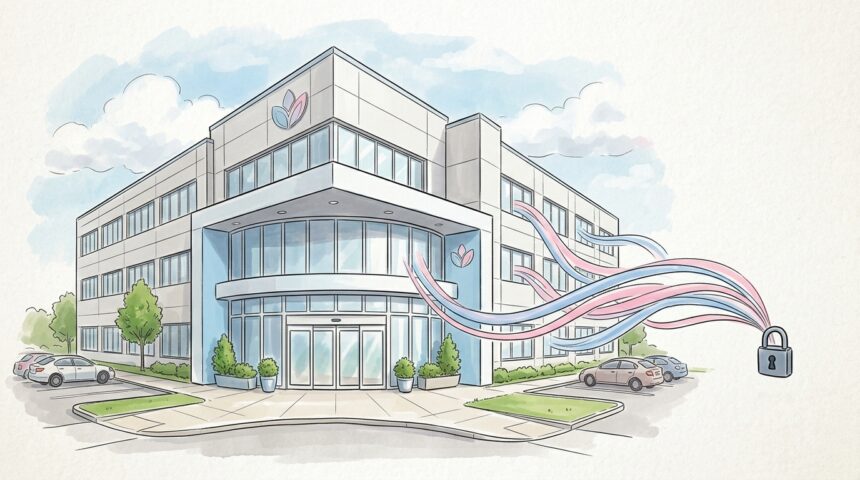 Hand-drawn illustration of a fertility clinic with data ribbons flowing toward a padlock, representing the MIM Fertility extortion threat