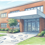Hand-drawn illustration of a brick community hospital entrance with scattered envelopes, representing the Mon General phishing breach