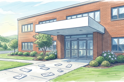 Hand-drawn illustration of a brick community hospital entrance with scattered envelopes, representing the Mon General phishing breach