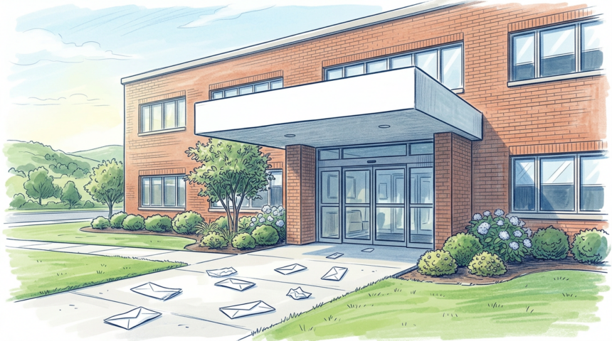 Hand-drawn illustration of a brick community hospital entrance with scattered envelopes, representing the Mon General phishing breach