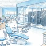 Hand-drawn illustration of a dental office with a clinical IT operations room