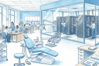 Hand-drawn illustration of a dental office with a clinical IT operations room