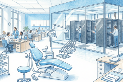 Hand-drawn illustration of a dental office with a clinical IT operations room