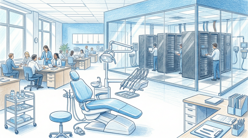 Hand-drawn illustration of a dental office with a clinical IT operations room