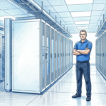 Hand-drawn illustration of a technician guarding server racks in a bright datacenter