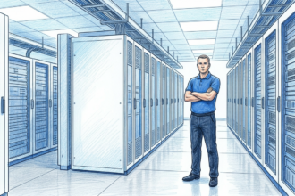 Hand-drawn illustration of a technician guarding server racks in a bright datacenter