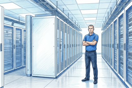 Hand-drawn illustration of a technician guarding server racks in a bright datacenter