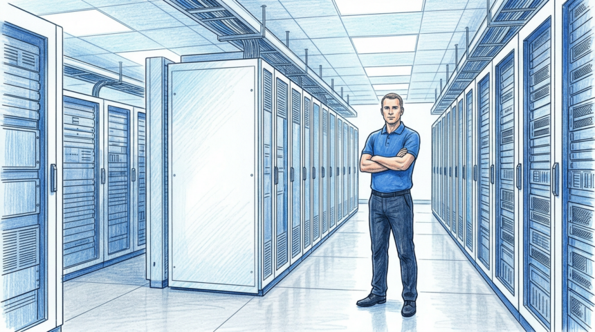 Hand-drawn illustration of a technician guarding server racks in a bright datacenter