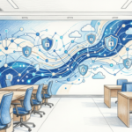 Hand-drawn illustration of a hospital IT room with a shield and network node mural