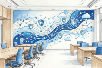 Hand-drawn illustration of a hospital IT room with a shield and network node mural
