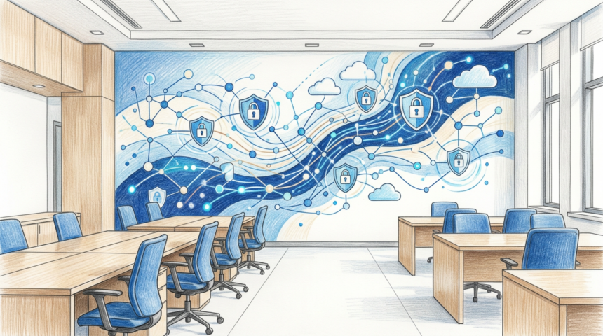 Hand-drawn illustration of a hospital IT room with a shield and network node mural