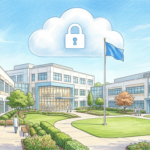 Hand-drawn illustration of a biopharmaceutical campus with a secure cloud symbol overhead