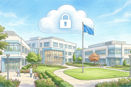 Hand-drawn illustration of a biopharmaceutical campus with a secure cloud symbol overhead