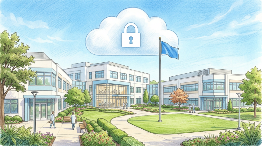 Hand-drawn illustration of a biopharmaceutical campus with a secure cloud symbol overhead