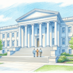 Hand-drawn illustration of a prisoner escorted up courthouse steps