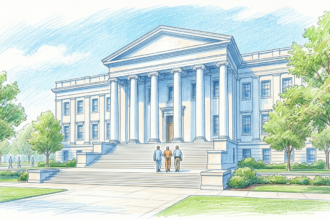 Hand-drawn illustration of a prisoner escorted up courthouse steps