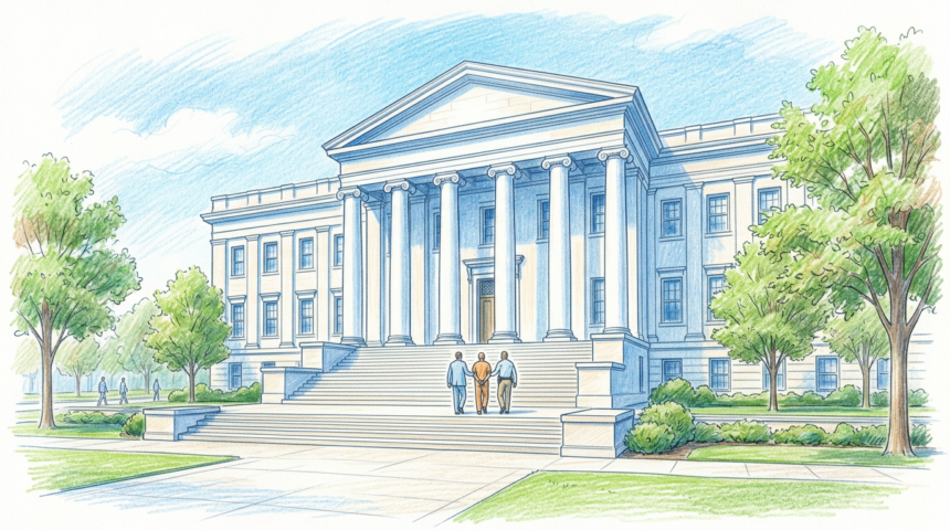 Hand-drawn illustration of a prisoner escorted up courthouse steps